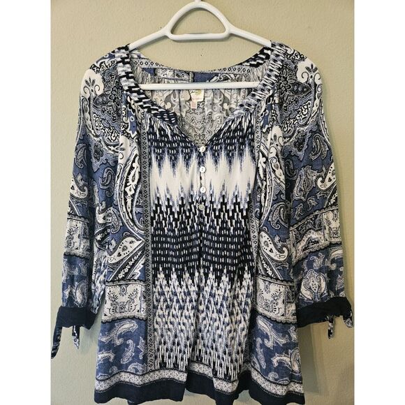 Fig & Flower Top Womens Size 2XL Blue Paisley Print‎ 3/4 Sleeve Blouse - Picture 1 of 8